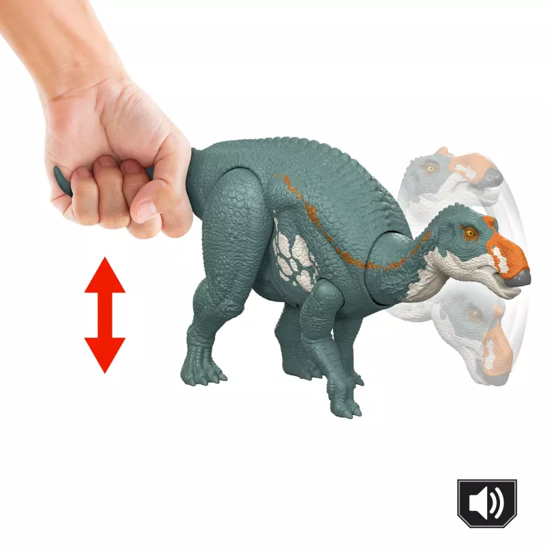 Jurassic World Rebirth Wild Roar Maiasaura dinozaurų žaislas, uodega valdomas atakos kirtimas ir garsas