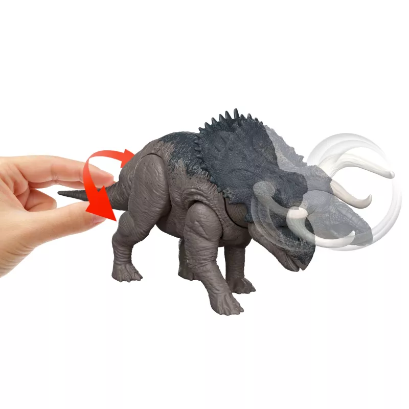 Jurassic World Rebirth Wild Roar Nasutoceratops žaislinis dinozauras, uodega valdoma atakos griebimo funkcija ir garsu