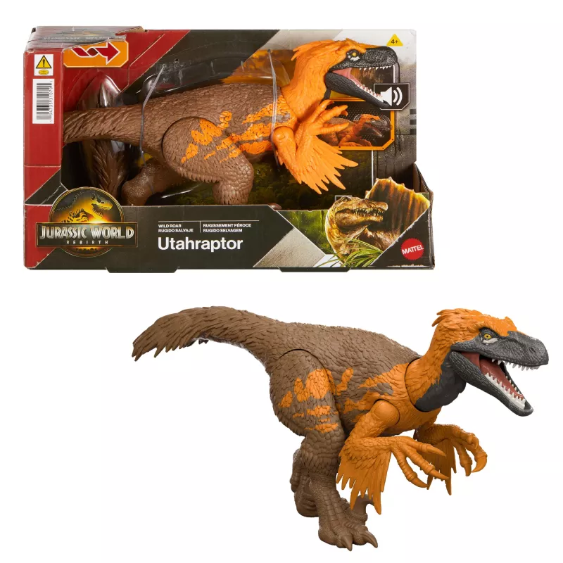 Jurassic World Rebirth Wild Roar Utahraptor žaislas dinozauras, uodega valdomas atakos kirtimas ir garsas