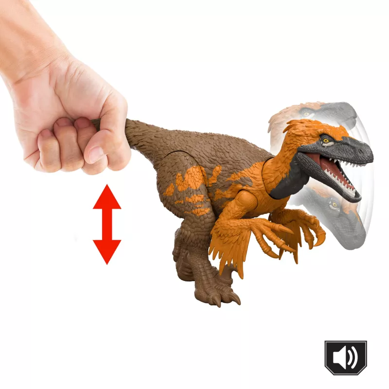 Jurassic World Rebirth Wild Roar Utahraptor žaislas dinozauras, uodega valdomas atakos kirtimas ir garsas