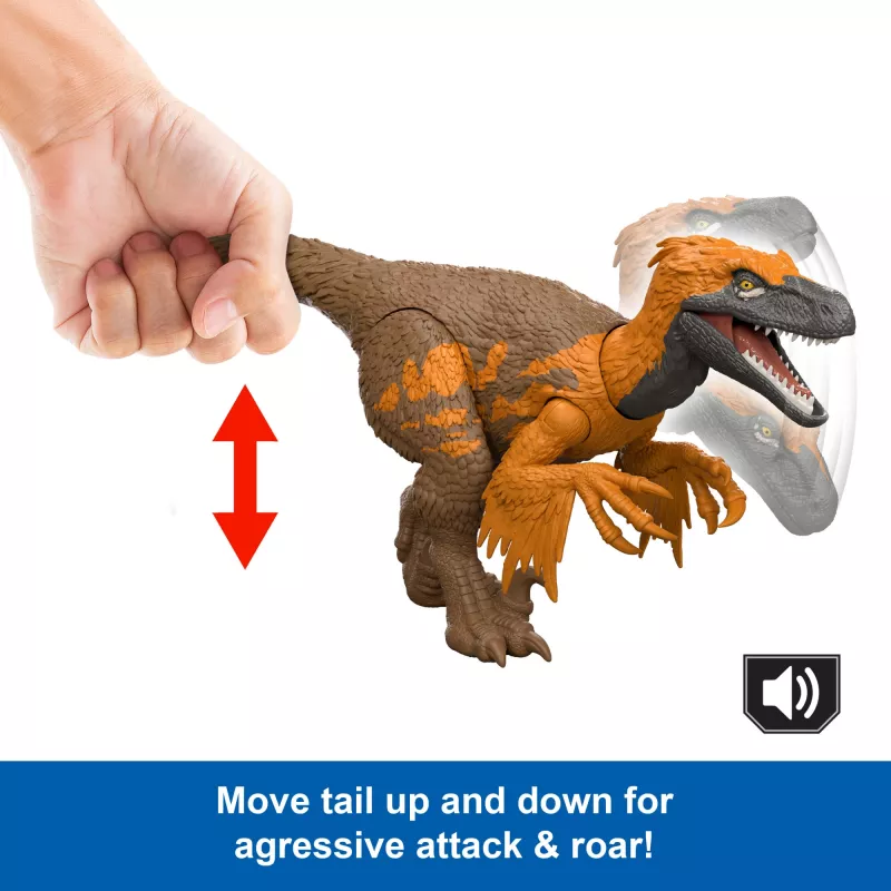 Jurassic World Rebirth Wild Roar Utahraptor žaislas dinozauras, uodega valdomas atakos kirtimas ir garsas