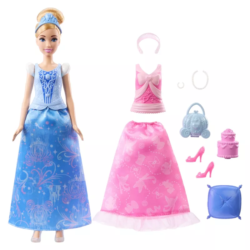 Disney Princess 2-in-1 Stories Pelenė, mados lėlė su 2 užsegamais liemenėliais, 2 sijonais ir 9 priedais