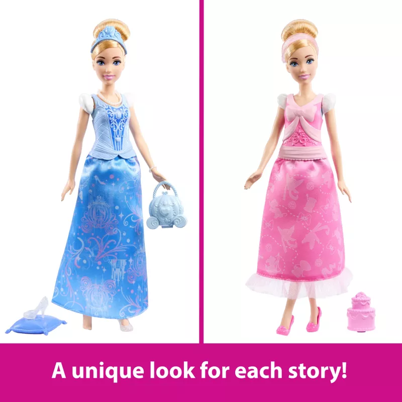 Disney Princess 2-in-1 Stories Pelenė, mados lėlė su 2 užsegamais liemenėliais, 2 sijonais ir 9 priedais