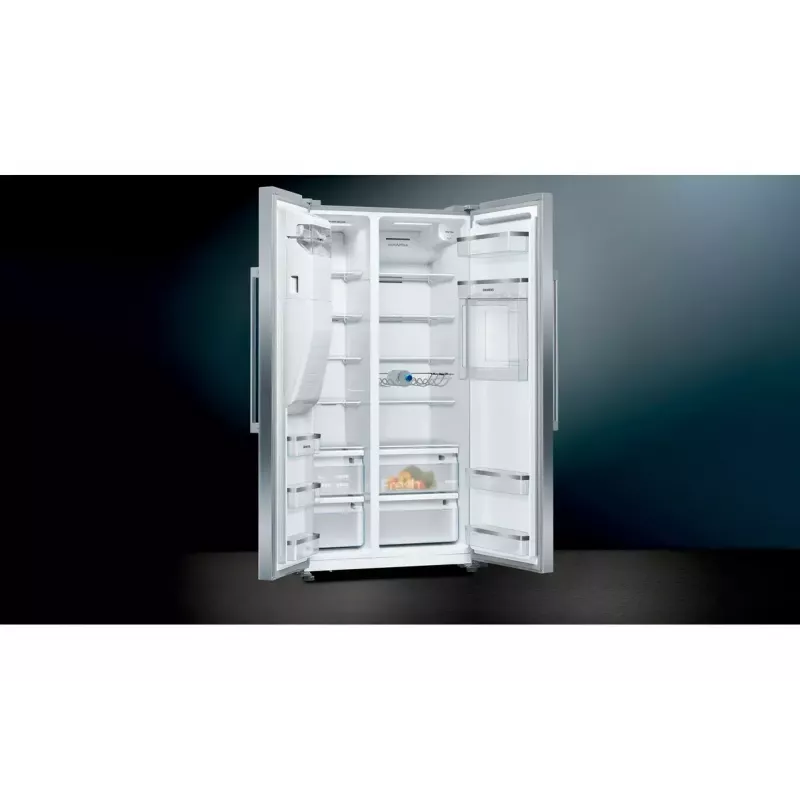 Šaldytuvas – šaldiklis Siemens iQ500 KA93GAIEP – atskirai stovintis, 560 l bendroji talpa, šaldytuvo dalis 369 l, šaldiklio dalis 191 l, energijos klasė E, nerūdijantis plienas