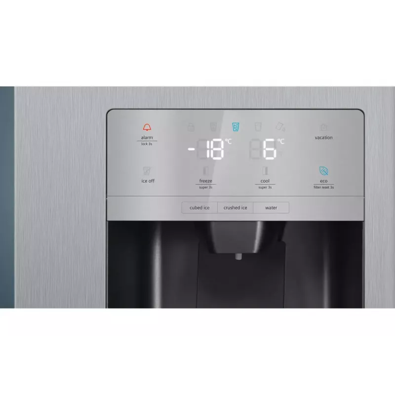 Šaldytuvas – šaldiklis Siemens iQ500 KA93GAIEP – atskirai stovintis, 560 l bendroji talpa, šaldytuvo dalis 369 l, šaldiklio dalis 191 l, energijos klasė E, nerūdijantis plienas