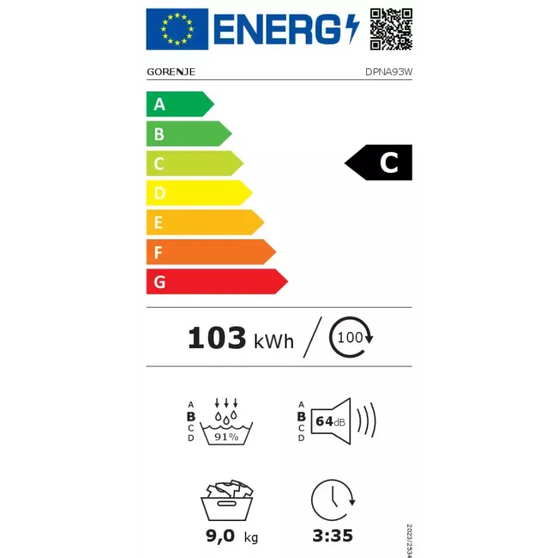 Džiovintuvas Gorenje DPNA93W su šilumos siurbliu, laisvai pastatomas, pakraunamas iš priekio, 9 kg, baltas, energijos klasė C