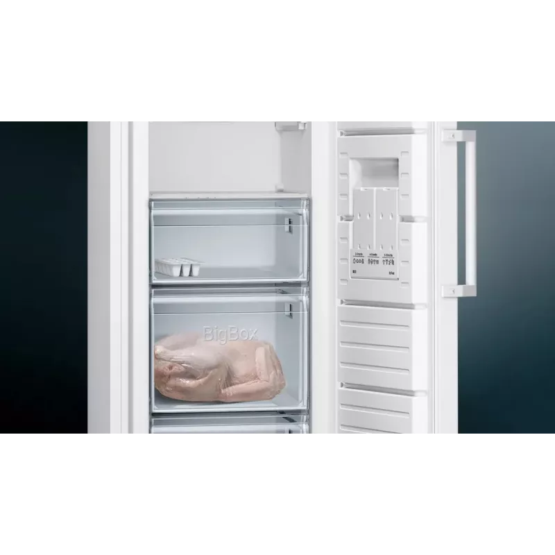 Vertikalus šaldiklis Siemens iQ300 GS33NVWEP — 225 l, NoFrost, 20 kg/24 h, E klasė, balta