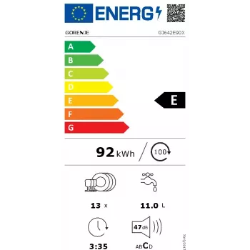 Indaplovė Gorenje GI642E90X pusiau įmontuojama, 13 vietų, 60 cm, 47 dB, 11 L/ciklas, energijos klasė E