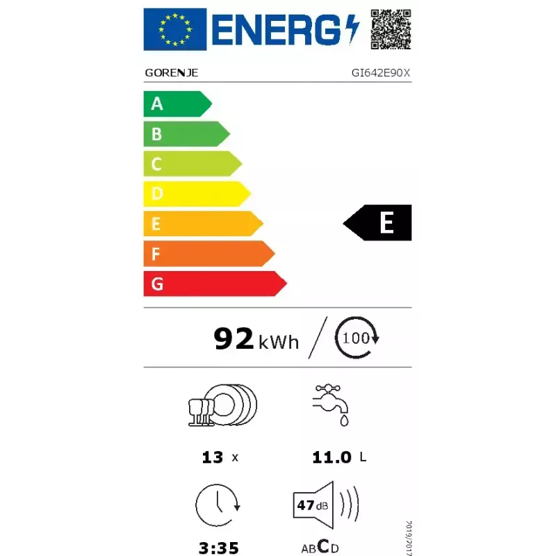 Indaplovė Gorenje GI642E90X pusiau įmontuojama, 13 vietų, 60 cm, 47 dB, 11 L/ciklas, energijos klasė E