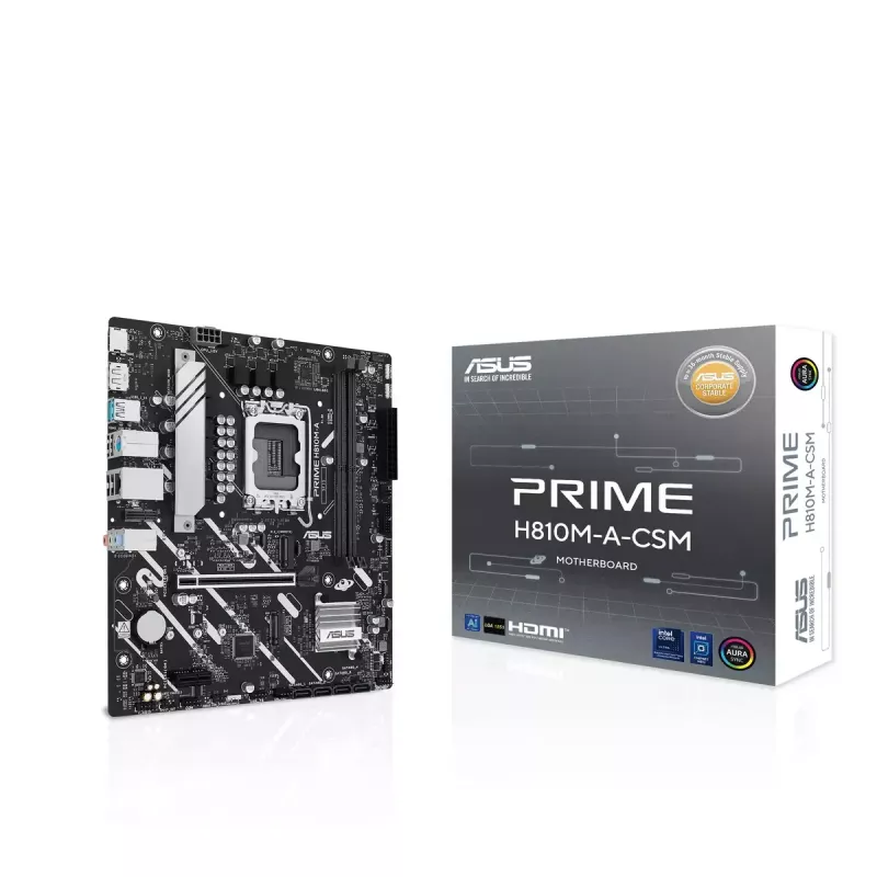 Motininė plokštė ASUS PRIME H810M-A-CSM — Intel H810, LGA 1851, microATX, 2× DDR5 DIMM (iki 128 GB), 2× M.2, 4× SATA III, PCIe 4.0
