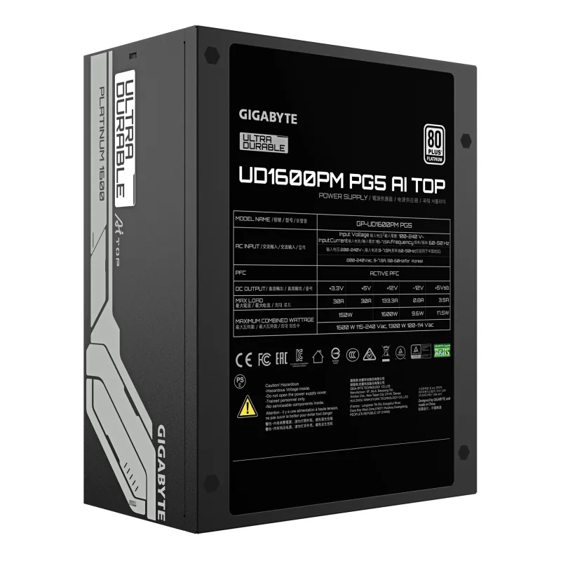 Maitinimo blokas GIGABYTE UD1600PM PG5 1600W, 80 PLUS Platinum, 92% efektyvumas, 20+4 pin ATX, 120 mm ventiliatorius, juodas