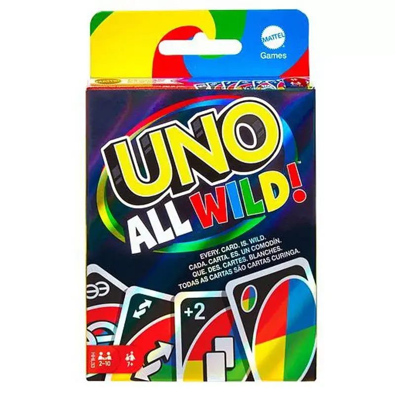 Kortų žaidimas MATTEL Games UNO All Wild — šeimos kortų žaidimas, rekomenduojamas amžius 7+