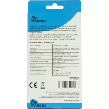 USB-C daugiaportis šakotuvas INTER-TECH H-428 — USB 3.2 Gen 1 Type-C priegloba, HDMI, USB-A, SD/MicroSD, gigabitinis eternetas, 5000 Mbit/s