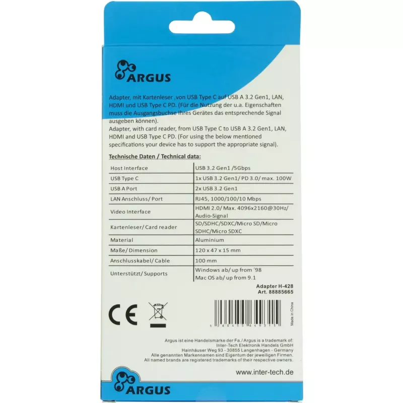 USB-C daugiaportis šakotuvas INTER-TECH H-428 — USB 3.2 Gen 1 Type-C priegloba, HDMI, USB-A, SD/MicroSD, gigabitinis eternetas, 5000 Mbit/s
