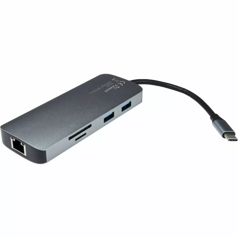 USB-C daugiaportis šakotuvas INTER-TECH H-428 — USB 3.2 Gen 1 Type-C priegloba, HDMI, USB-A, SD/MicroSD, gigabitinis eternetas, 5000 Mbit/s
