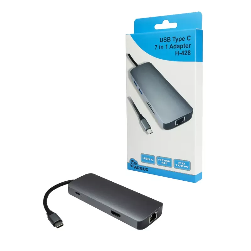 USB-C daugiaportis šakotuvas INTER-TECH H-428 — USB 3.2 Gen 1 Type-C priegloba, HDMI, USB-A, SD/MicroSD, gigabitinis eternetas, 5000 Mbit/s