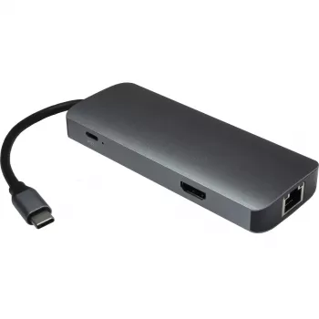 USB-C daugiaportis šakotuvas INTER-TECH H-428 — USB 3.2 Gen 1 Type-C priegloba, HDMI, USB-A, SD/MicroSD, gigabitinis eternetas, 5000 Mbit/s