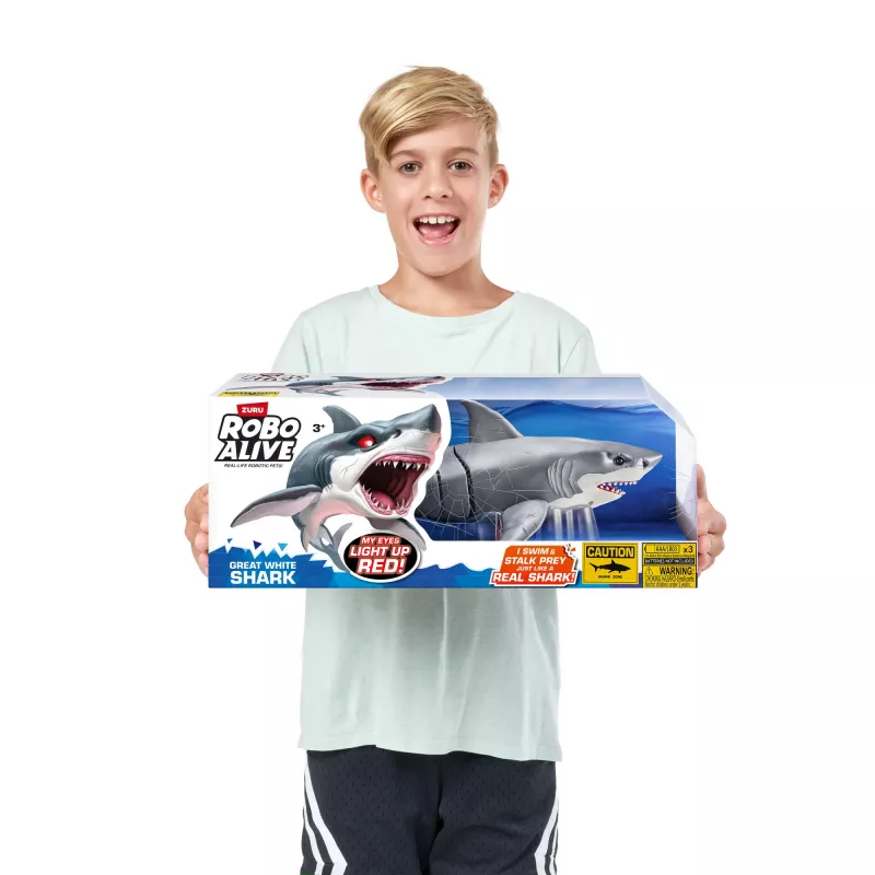 Žaislinis roboto ryklys Zuru Robo Alive Didysis baltasis ryklys 71126 — vandens žaidimams skirta interaktyvi, baterijomis maitinama figūrėlė