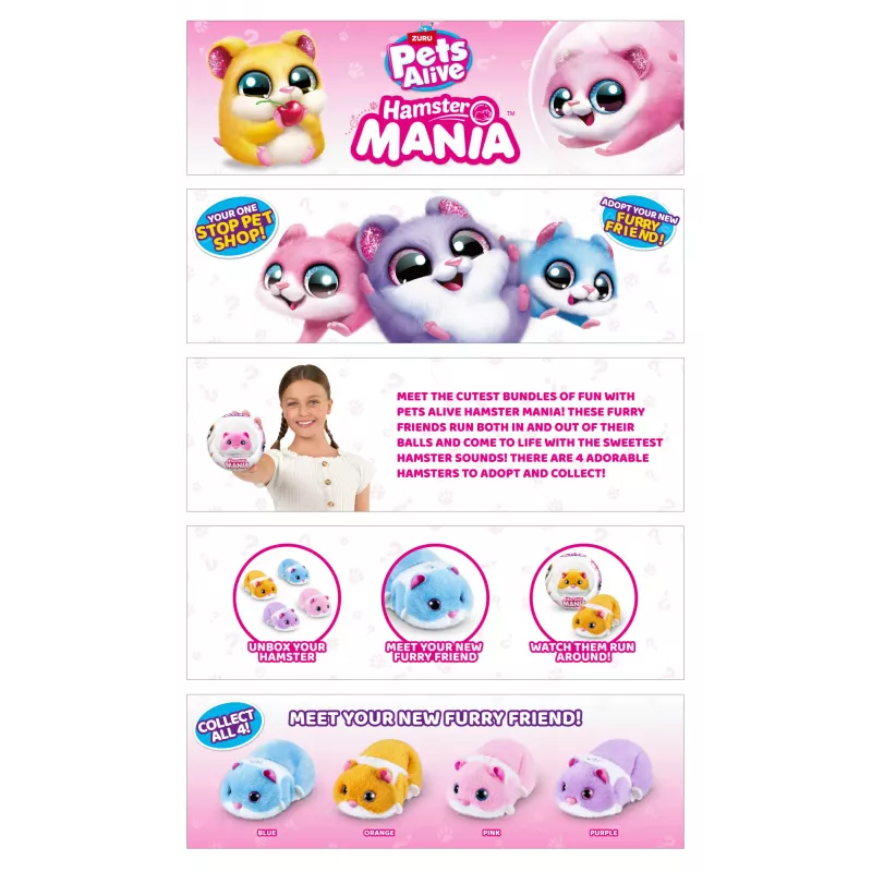 Žaislinis žiurkėnas Zuru Pets Alive Hamster Mania — maitinamas baterijomis interaktyvus žiurkėnas, skirtas vaikams nuo 3 metų, AAA