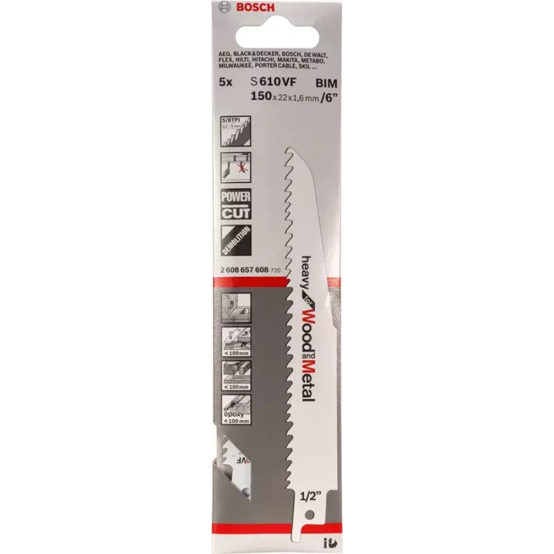 Siaurinis pjūklo peilis Bosch S 610 VF Heavy medienai ir metalui 15 cm 5 TPI