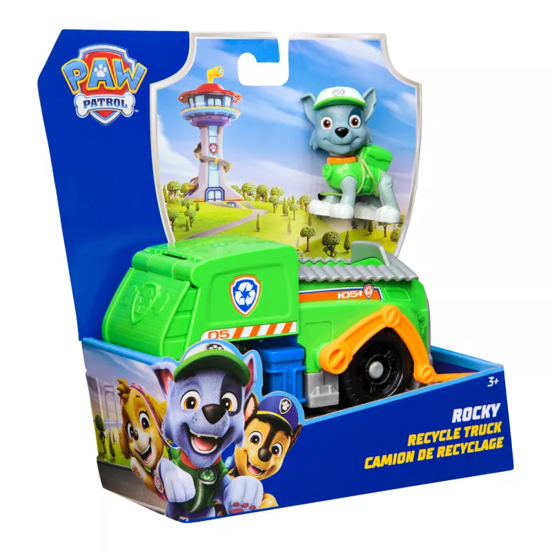 PAW Patrol, Rocky's Recycle Truck, Žaislinė transporto priemonė su kolekcionuojama veiksmo figūrėle, Tvariai mąstantys vaikiški žaislai berniukams ir mergaitėms nuo 3 metų