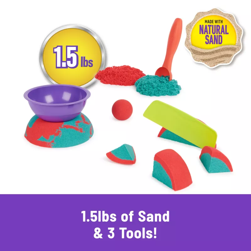 Vaikiškas kinetinio smėlio rinkinys Spinmaster Mold n' Flow 1,5 lb raudonos ir žalsvai mėlynos spalvų su 3 įrankiais (nuo 3 metų)