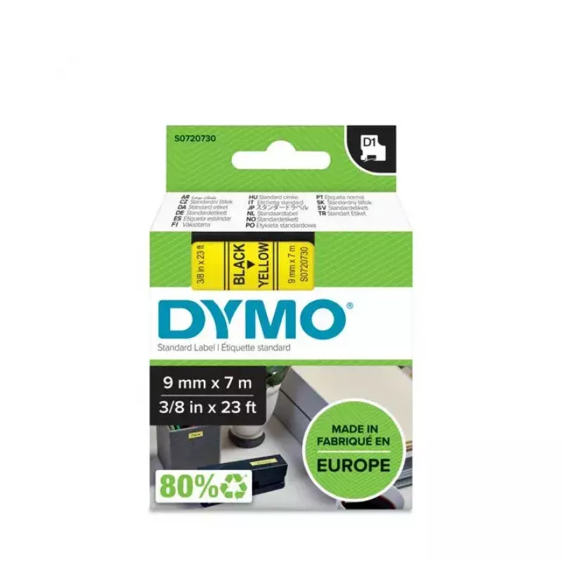 DYMO Authentic D1 etiketės | Juodas spaudas ant geltonos juostos | 9 mm x 7 m | Lipnios etiketės LabelManager etikečių gamintojams | Pagaminta Europoje