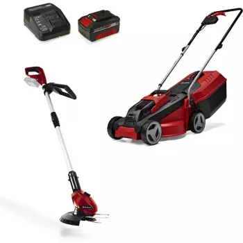 Belaidės vejapjovės ir žoliapjovės rinkinys EINHELL GE-CM 18/30 + GE-CT 18, raudona/juoda, Li-ion 4,0 Ah