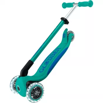 Paspirtukas GLOBBER Primo Foldable Plus Lights – sulankstomas vaikiškas paspirtukas, turkio/tamsiai mėlynos spalvos