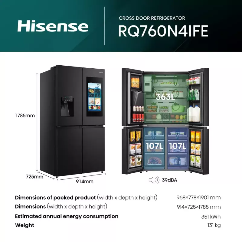 Šaldytuvas Hisense Cross door RQ760N4IFE – laisvai pastatomas, daugiaduris, 577 L bendras tūris, juodos spalvos