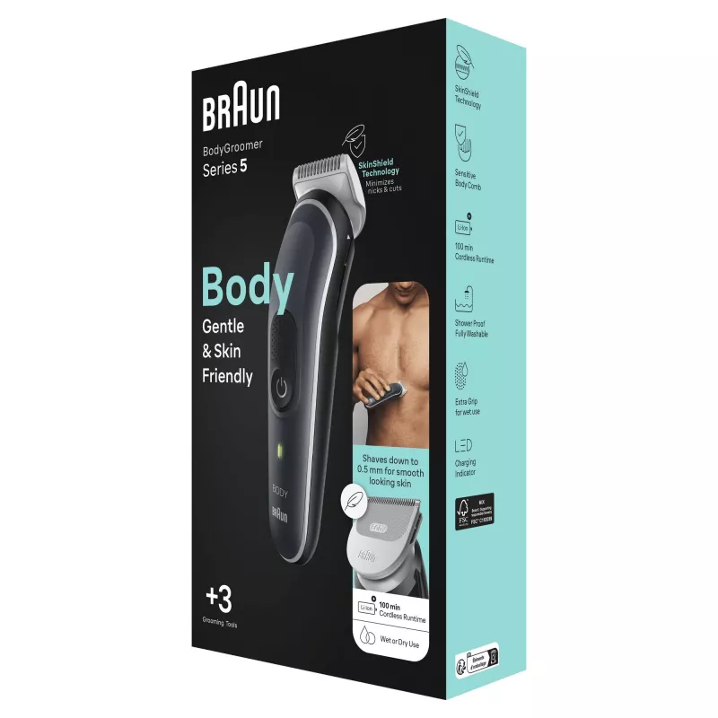 Braun BodyGroomer kūno kirpimo mašinėlė 5 BG5340 su SkinShield technologija ir 2 priedais