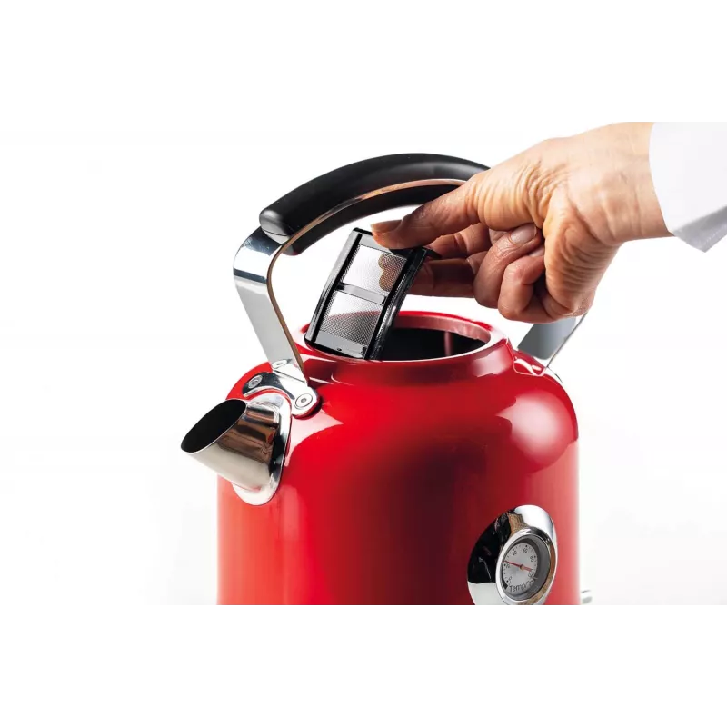 Ariete 2854 Moderna elektrinis virdulys, 2000 W, 1,7 l talpa, 360° belaidis, automatinio išjungimo sistema, nuimamas filtras, matomas vandens lygis, termometras, raudonas