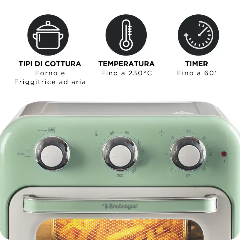 Arietė 4632 Oro gruzdintuvė ir orkaitė Vintage, 1400W, 2in1, Talpa 16L, Priedai įtraukti, Laikmatis 60 min., Dvigubas stiklas, Žalia