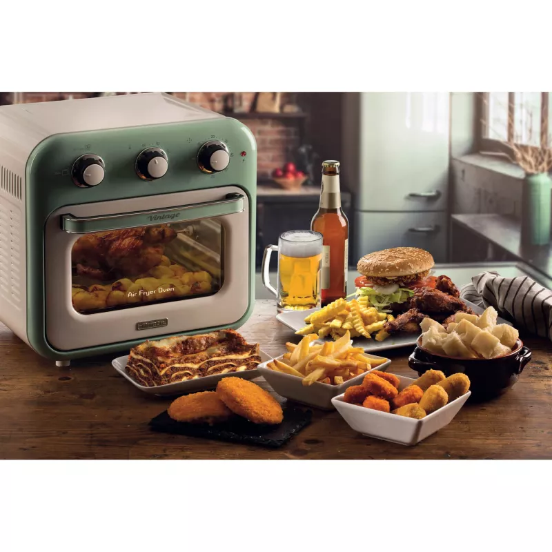 Arietė 4632 Oro gruzdintuvė ir orkaitė Vintage, 1400W, 2in1, Talpa 16L, Priedai įtraukti, Laikmatis 60 min., Dvigubas stiklas, Žalia