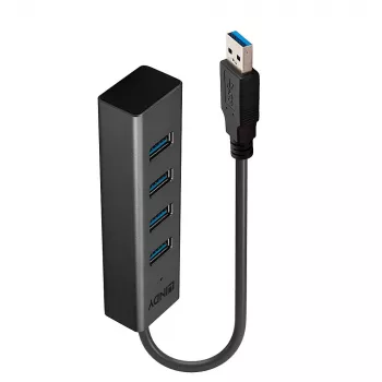 Lindy 4 prievadų USB 3.0 šakotuvas, USB 3.2 Gen 1 (3.1 Gen 1) Type-A, USB 3.2 Gen 1 (3.1 Gen 1) Type-A, 5000 Mbit/s, juodas, aliuminis, plastikas, 0,3 m