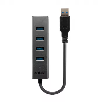 Lindy 4 prievadų USB 3.0 šakotuvas, USB 3.2 Gen 1 (3.1 Gen 1) Type-A, USB 3.2 Gen 1 (3.1 Gen 1) Type-A, 5000 Mbit/s, juodas, aliuminis, plastikas, 0,3 m