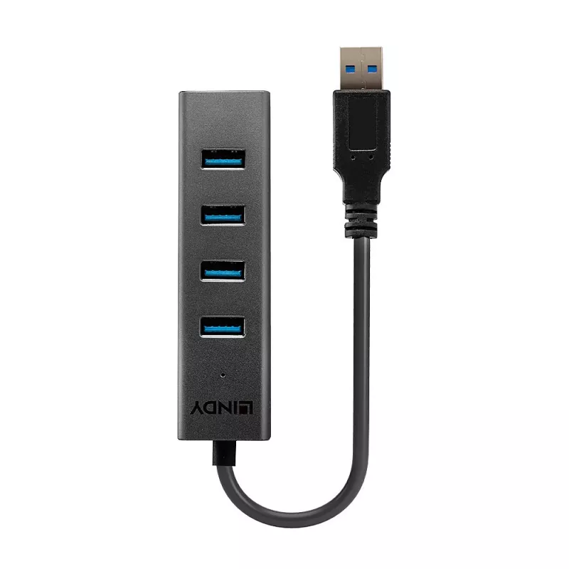 Lindy 4 prievadų USB 3.0 šakotuvas, USB 3.2 Gen 1 (3.1 Gen 1) Type-A, USB 3.2 Gen 1 (3.1 Gen 1) Type-A, 5000 Mbit/s, juodas, aliuminis, plastikas, 0,3 m