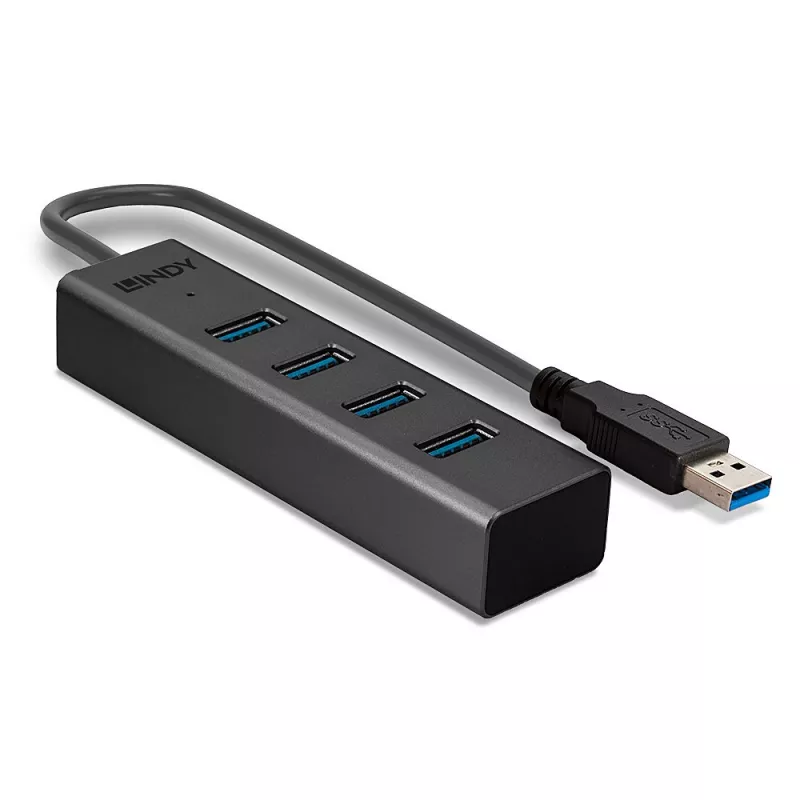 Lindy 4 prievadų USB 3.0 šakotuvas, USB 3.2 Gen 1 (3.1 Gen 1) Type-A, USB 3.2 Gen 1 (3.1 Gen 1) Type-A, 5000 Mbit/s, juodas, aliuminis, plastikas, 0,3 m