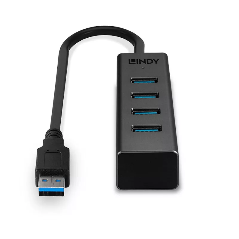 Lindy 4 prievadų USB 3.0 šakotuvas, USB 3.2 Gen 1 (3.1 Gen 1) Type-A, USB 3.2 Gen 1 (3.1 Gen 1) Type-A, 5000 Mbit/s, juodas, aliuminis, plastikas, 0,3 m