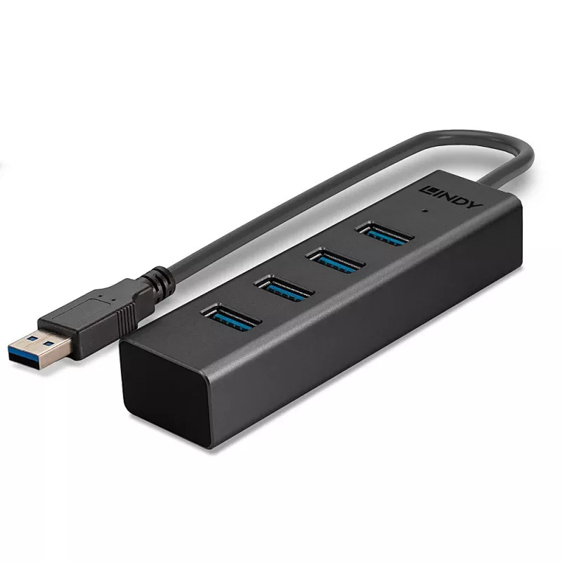 Lindy 4 prievadų USB 3.0 šakotuvas, USB 3.2 Gen 1 (3.1 Gen 1) Type-A, USB 3.2 Gen 1 (3.1 Gen 1) Type-A, 5000 Mbit/s, juodas, aliuminis, plastikas, 0,3 m