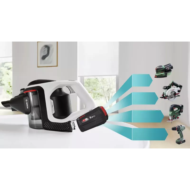 Bosch Serie 8 BSS825ALL belaidis dulkių siurblys / elektrinė šluota Baterija Sausas Be maišelio Juoda, Balta 5 Ah
