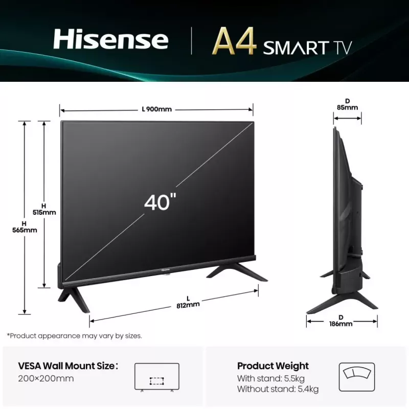 Hisense 40E4QT 101,6 cm (40 colių) Full HD Smart TV Wi-Fi juodas