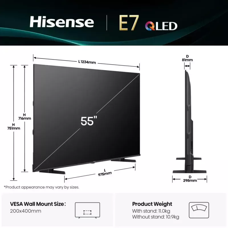 Hisense 55E77Q 139,7 cm (55 colių) 4K Ultra HD išmanusis televizorius Wi-Fi juodas