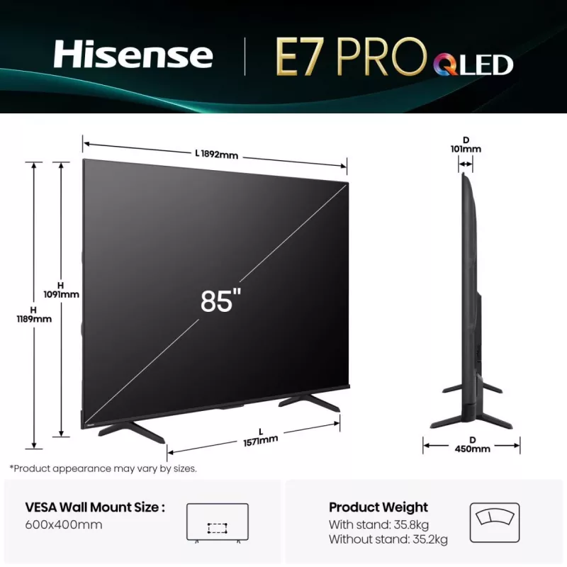 Hisense 85E77Q PRO 2.16 m (85 coliai) 4K Ultra HD išmanusis televizorius Wi-Fi juodas