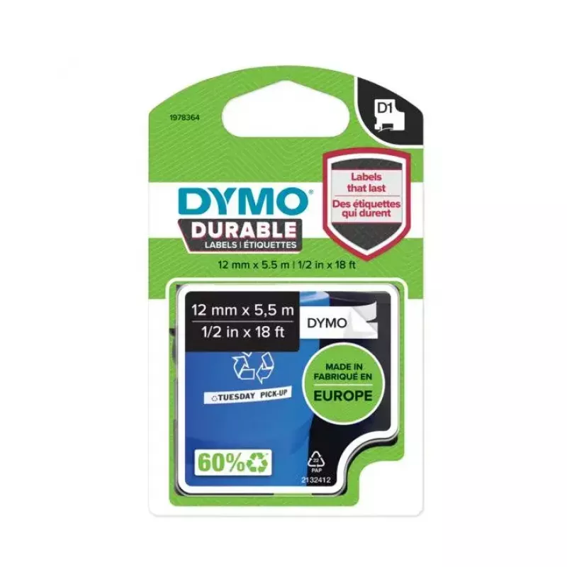 DYMO Autentiškos D1 Patvarios Etiketės | Juoda spauda ant baltos juostos | 12 mm x 5,5 m | Aukštos kokybės etikečių juosta, skirta LabelManager etikečių gamintojams