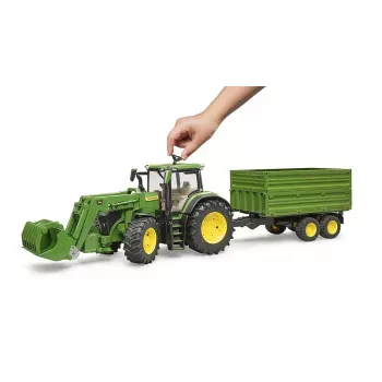 Traktorius BRUDER John Deere 7R 350 su priekiniu krautuvu ir dviejų ašių savivartė priekaba, plastikinis, amžius 3+