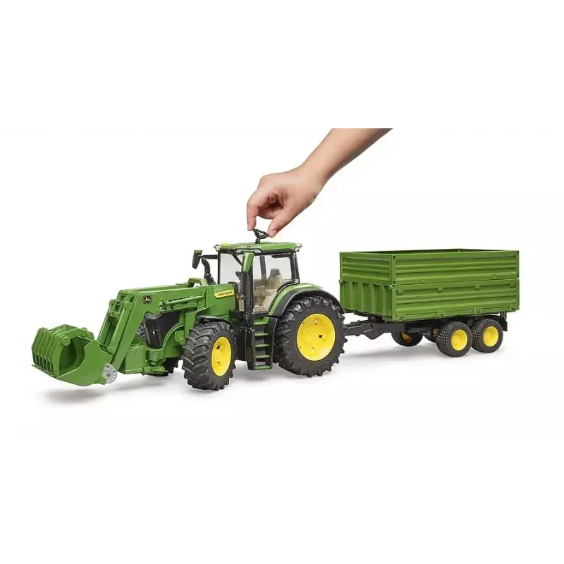 Traktorius BRUDER John Deere 7R 350 su priekiniu krautuvu ir dviejų ašių savivartė priekaba, plastikinis, amžius 3+