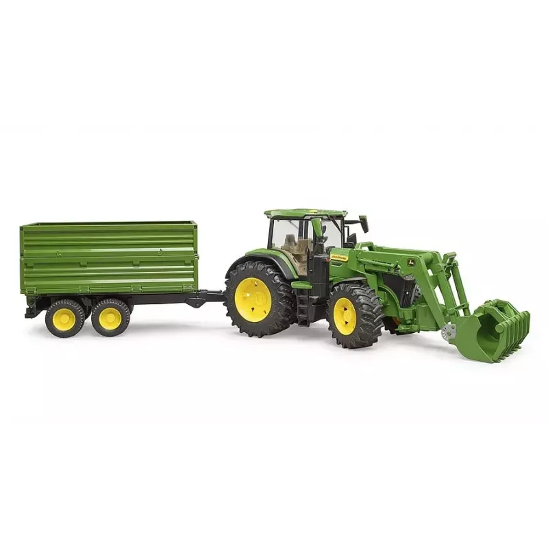 Traktorius BRUDER John Deere 7R 350 su priekiniu krautuvu ir dviejų ašių savivartė priekaba, plastikinis, amžius 3+