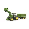 Traktorius BRUDER John Deere 7R 350 su priekiniu krautuvu ir dviejų ašių savivartė priekaba, plastikinis, amžius 3+