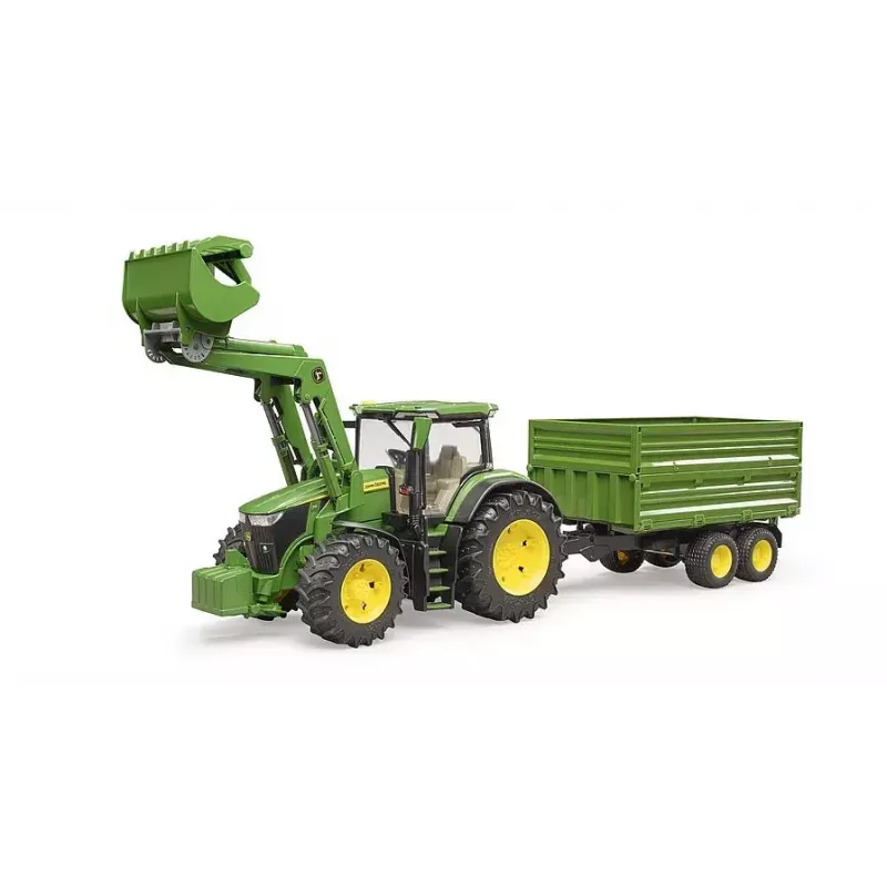 Traktorius BRUDER John Deere 7R 350 su priekiniu krautuvu ir dviejų ašių savivartė priekaba, plastikinis, amžius 3+